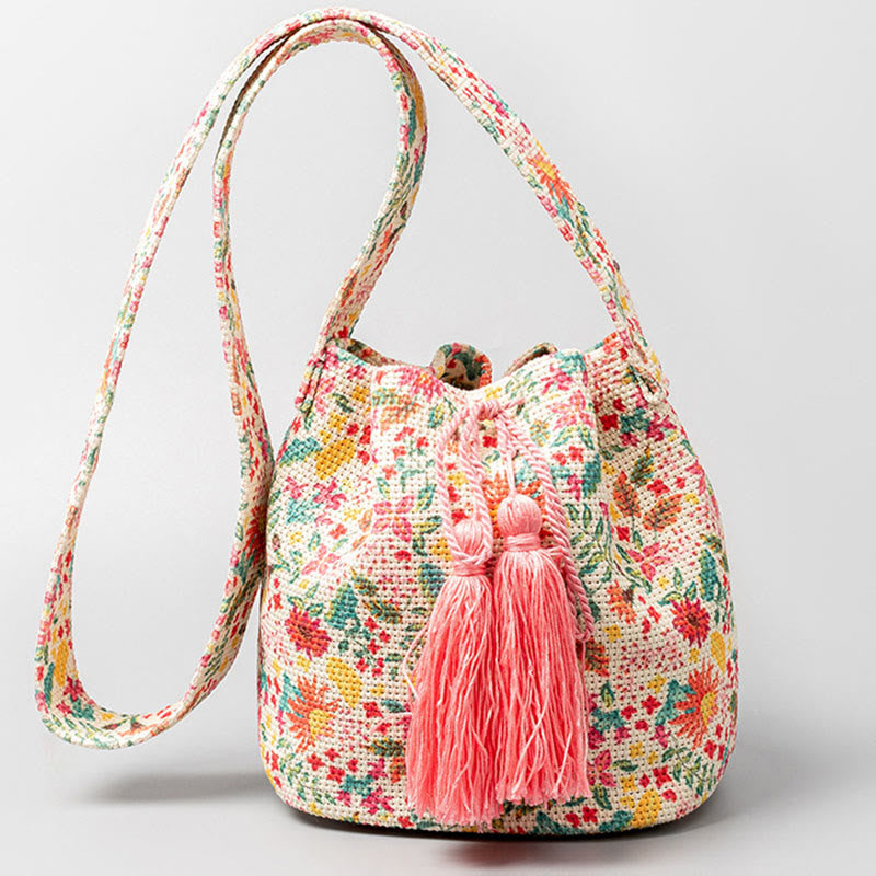 Buddha Stonesのカラフルな幾何学模様の花柄プリントキャンバスバケットクロスボディバッグショルダーバッグ