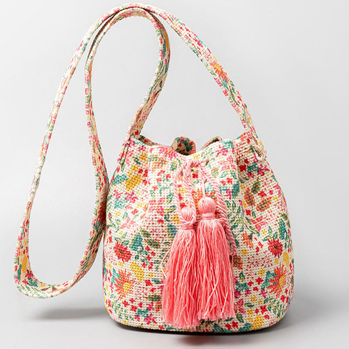 Buddha Stonesのカラフルな幾何学模様の花柄プリントキャンバスバケットクロスボディバッグショルダーバッグ
