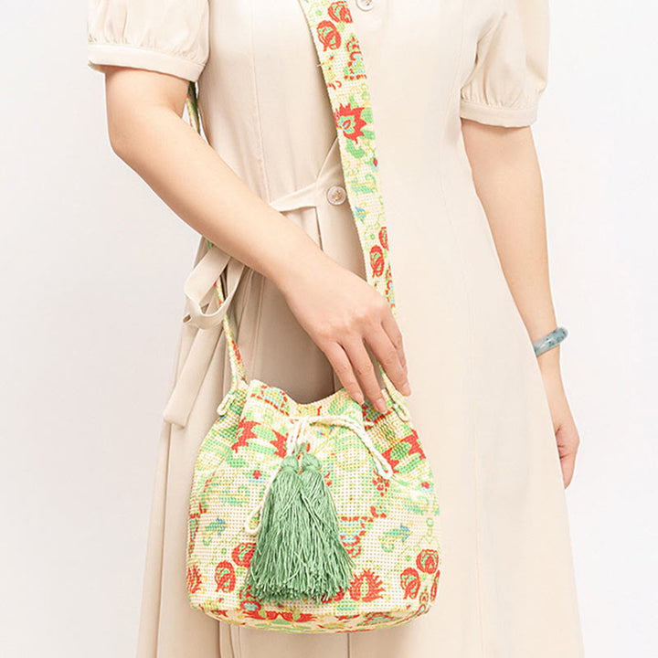 Buddha Stonesのカラフルな幾何学模様の花柄プリントキャンバスバケットクロスボディバッグショルダーバッグ