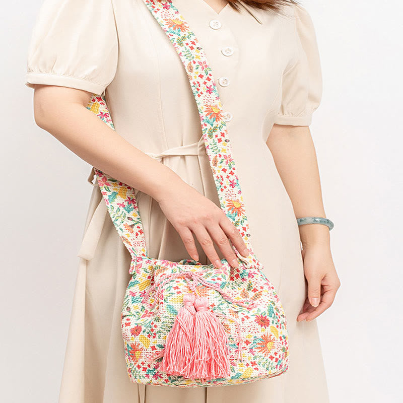 Buddha Stonesのカラフルな幾何学模様の花柄プリントキャンバスバケットクロスボディバッグショルダーバッグ