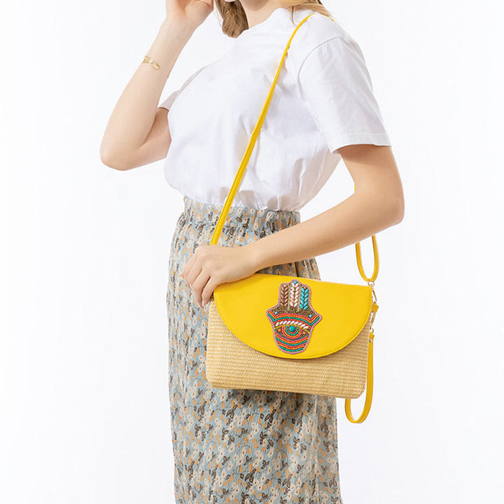 Buddha Stonesハムサ象花麦わら編みクロスボディバッグショルダーバッグハンドバッグ