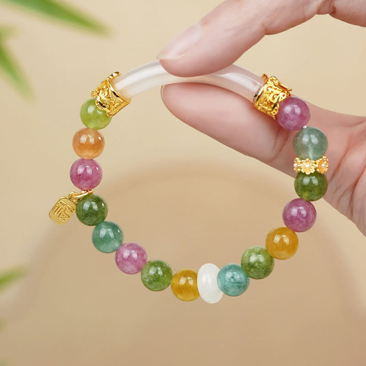 Buddha Stonesカラフルトルマリン カルセドニー ポジティブフーキャラクターチャームブレスレット