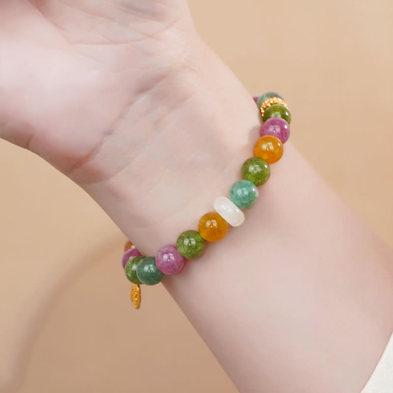 Buddha Stonesカラフルトルマリン カルセドニー ポジティブフーキャラクターチャームブレスレット