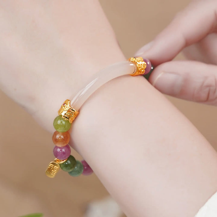 Buddha Stonesカラフルトルマリン カルセドニー ポジティブフーキャラクターチャームブレスレット