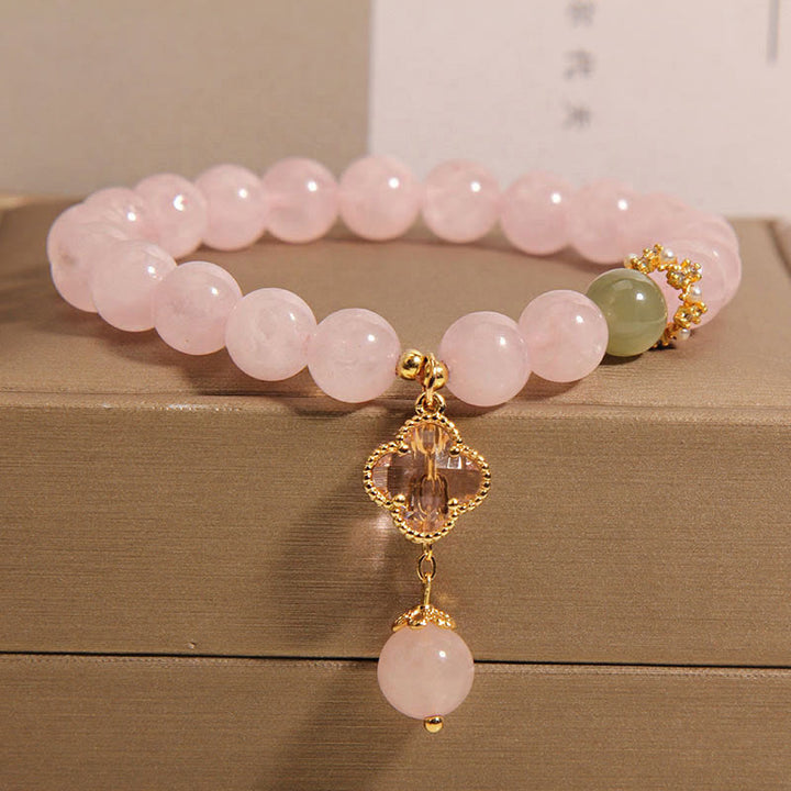 Buddha Stones天然ピンククリスタル 四つ葉のクローバー 癒しのブレスレット