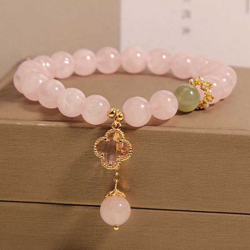 Buddha Stones天然ピンククリスタル 四つ葉のクローバー 癒しのブレスレット