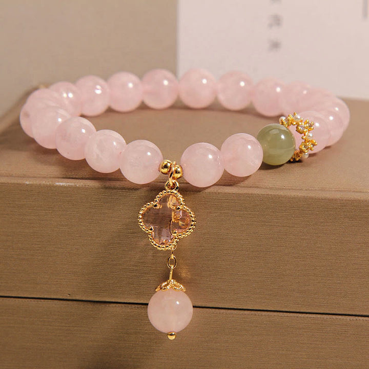 Buddha Stones天然ピンククリスタル 四つ葉のクローバー 癒しのブレスレット