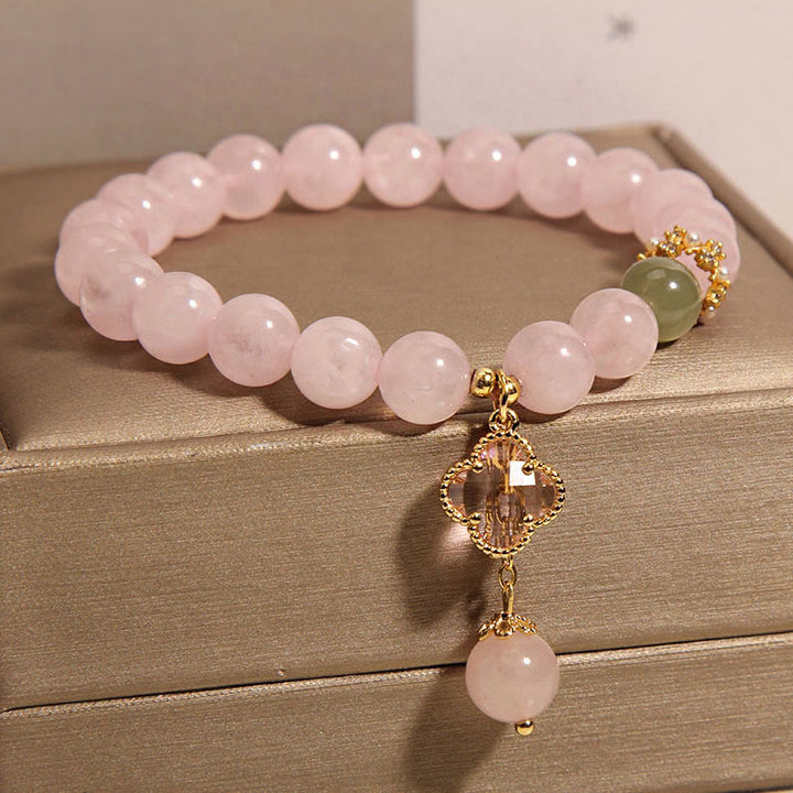 Buddha Stones天然ピンククリスタル 四つ葉のクローバー 癒しのブレスレット