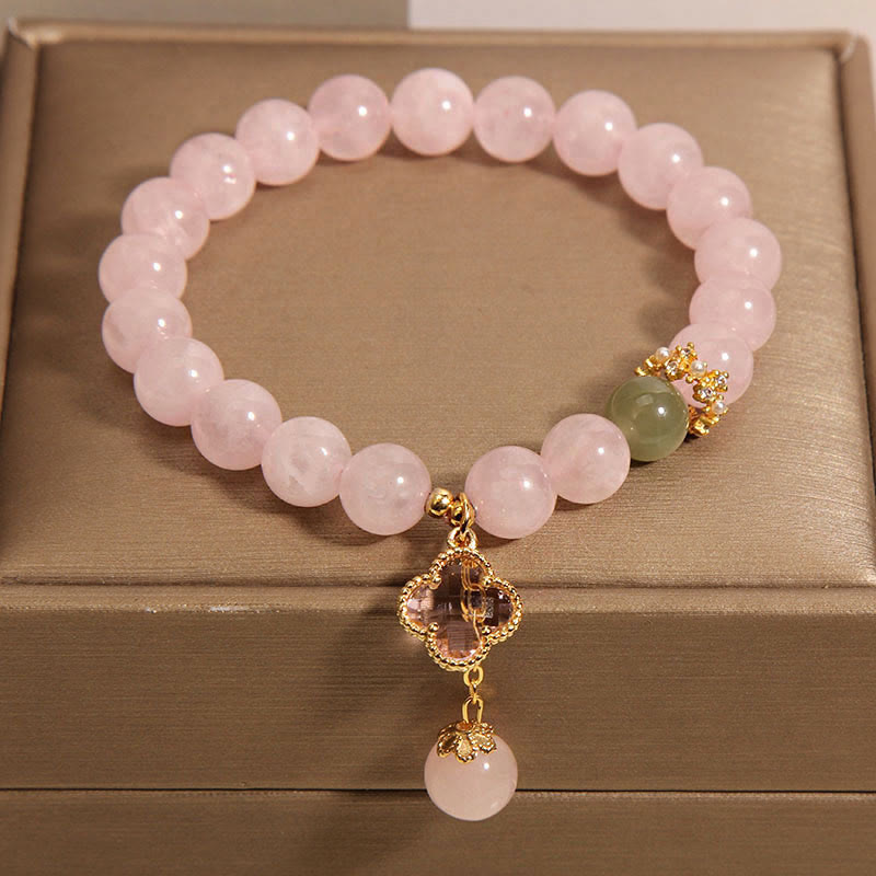 Buddha Stones天然ピンククリスタル 四つ葉のクローバー 癒しのブレスレット