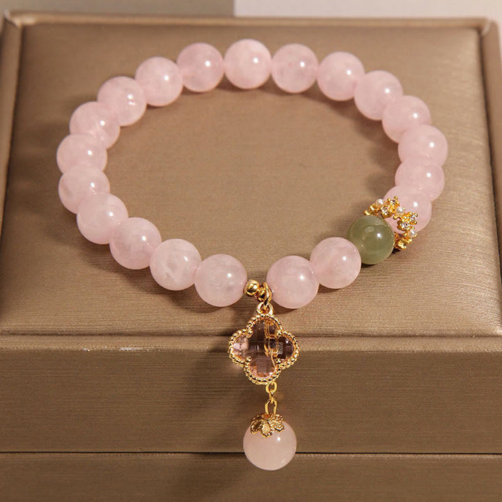 Buddha Stones天然ピンククリスタル 四つ葉のクローバー 癒しのブレスレット