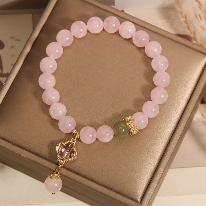 Buddha Stones天然ピンククリスタル 四つ葉のクローバー 癒しのブレスレット
