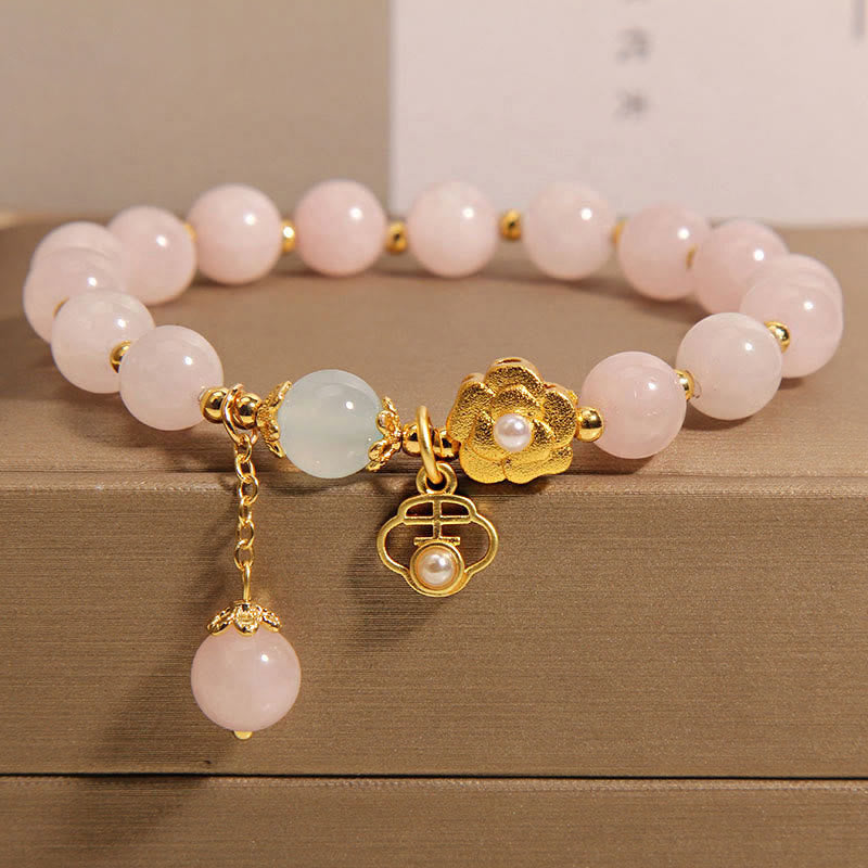 Buddha Stones天然ピンククリスタルラッキーフラワー温もりブレスレット - ピンククリスタル（手首周り：14～17cm） - image 0