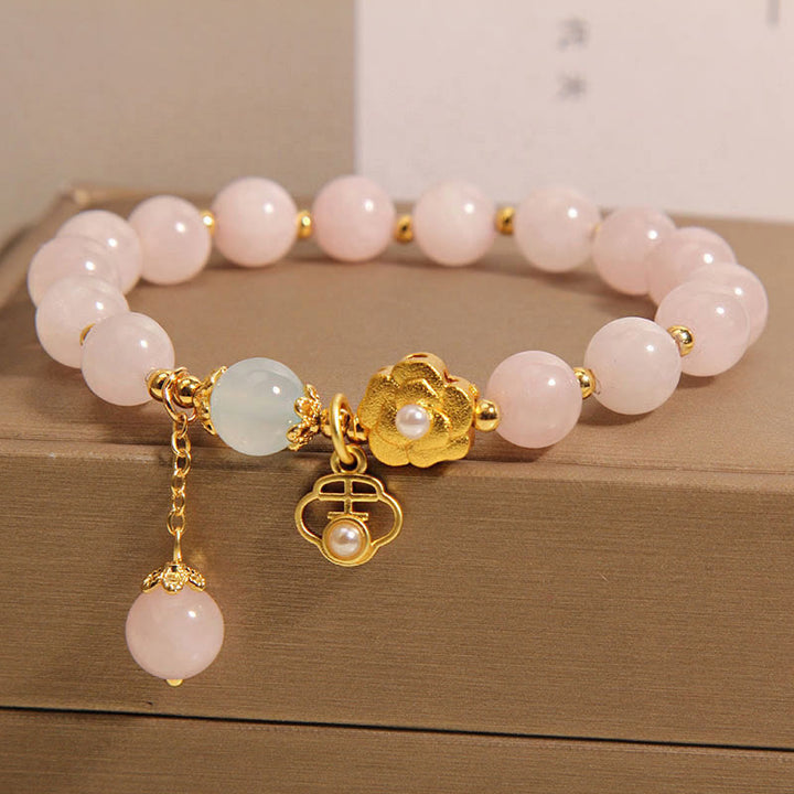 Buddha Stones天然ピンククリスタルラッキーフラワー温もりブレスレット