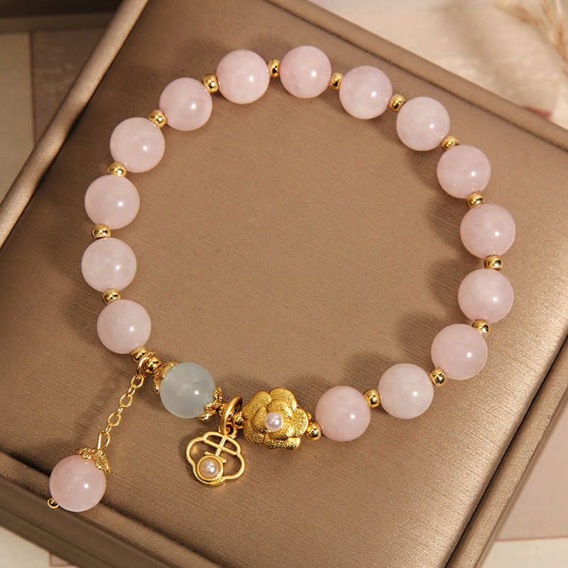 Buddha Stones天然ピンククリスタルラッキーフラワー温もりブレスレット