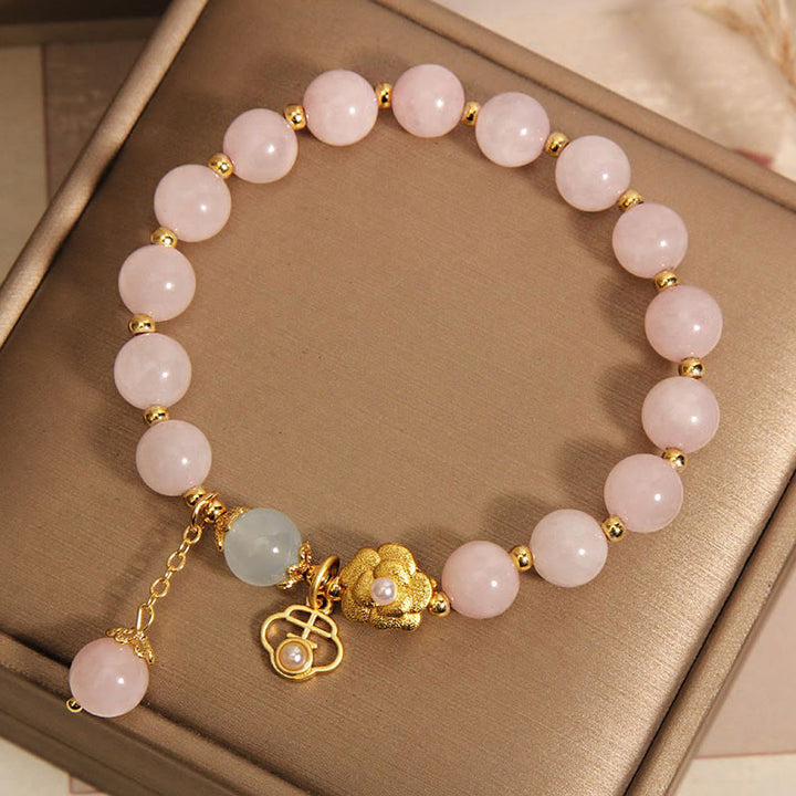 Buddha Stones天然ピンククリスタルラッキーフラワー温もりブレスレット