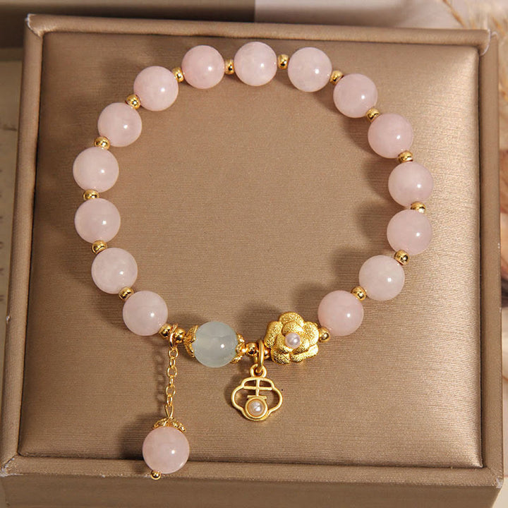 Buddha Stones天然ピンククリスタルラッキーフラワー温もりブレスレット