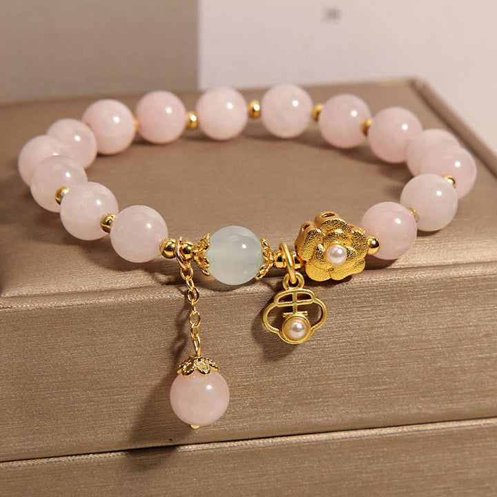 Buddha Stones天然ピンククリスタルラッキーフラワー温もりブレスレット