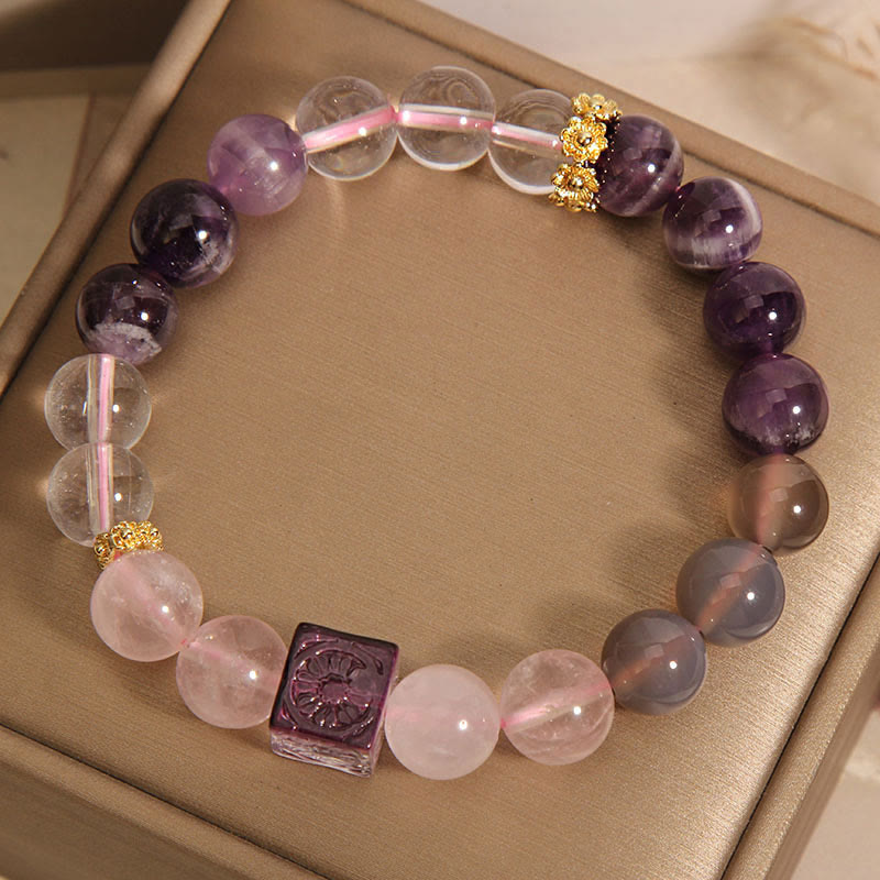 Buddha Stones天然アメジスト ピンククリスタル 内なる平和と癒しのブレスレット