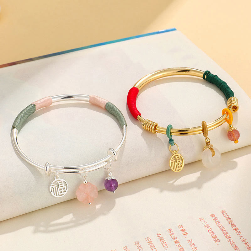 Buddha Stonesピンククリスタル ピース平和のお守りチャームラッキーフラワー ラブブレスレット バングル
