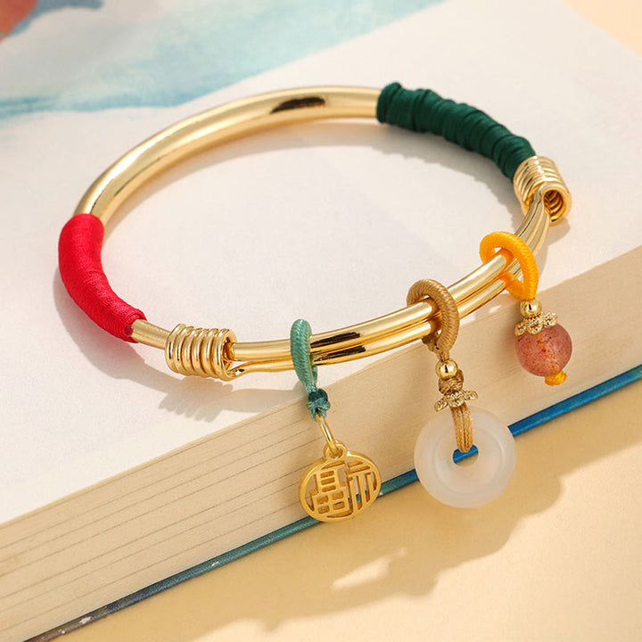 Buddha Stonesピンククリスタル ピース平和のお守りチャームラッキーフラワー ラブブレスレット バングル - 金メッキの平和のお守りチャーム（内径：56～60mm） - image 0