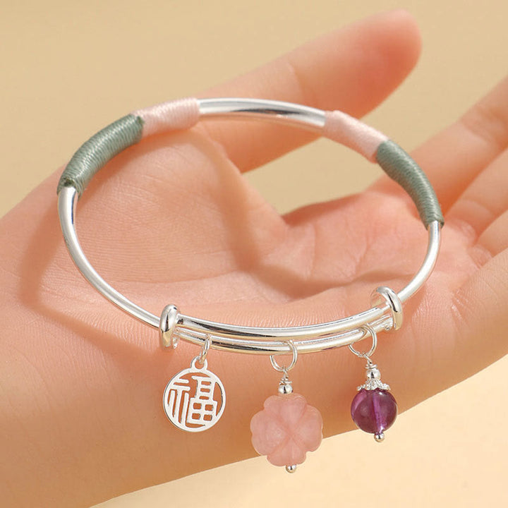 Buddha Stonesピンククリスタル ピース平和のお守りチャームラッキーフラワー ラブブレスレット バングル
