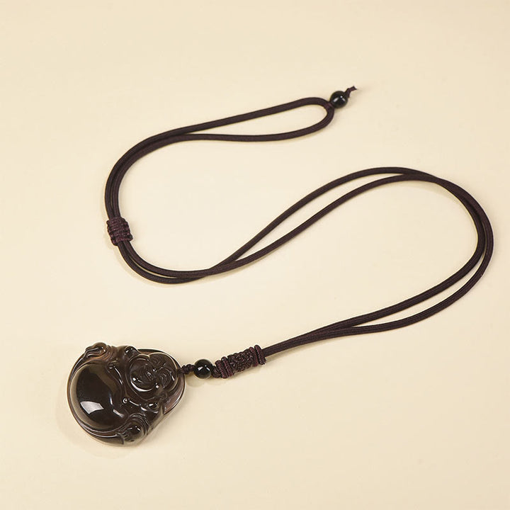 Buddha Stones天然黒曜石 氷の黒曜石 笑う仏 浄化のネックレスペンダント