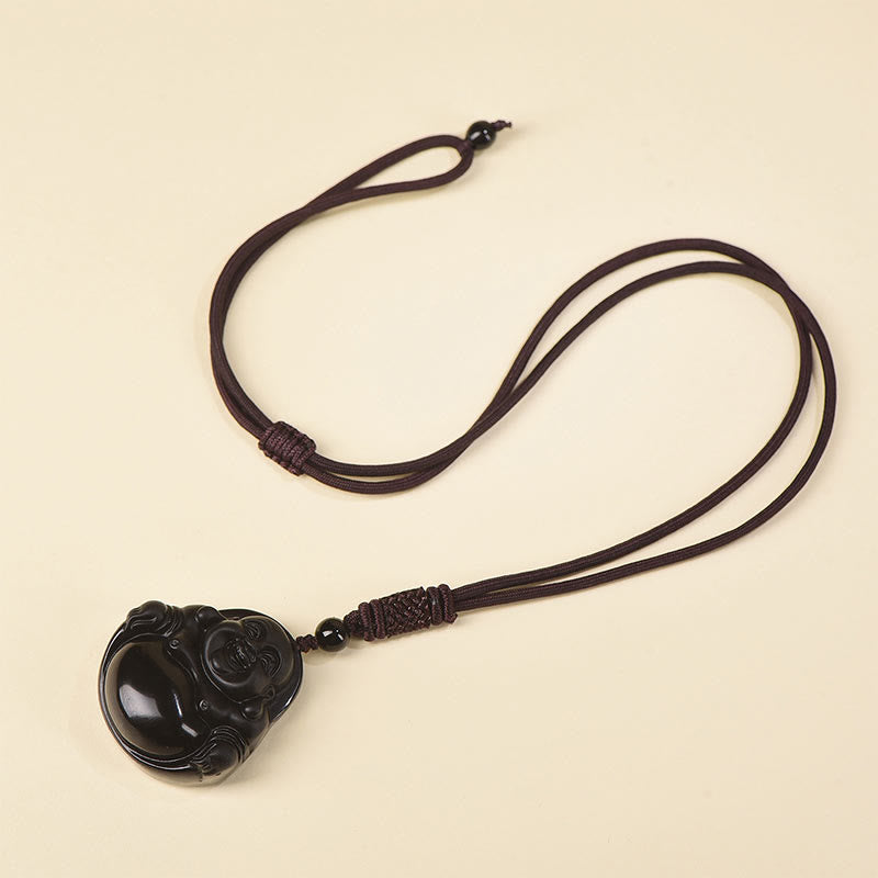 Buddha Stones天然黒曜石 氷の黒曜石 笑う仏 浄化のネックレスペンダント