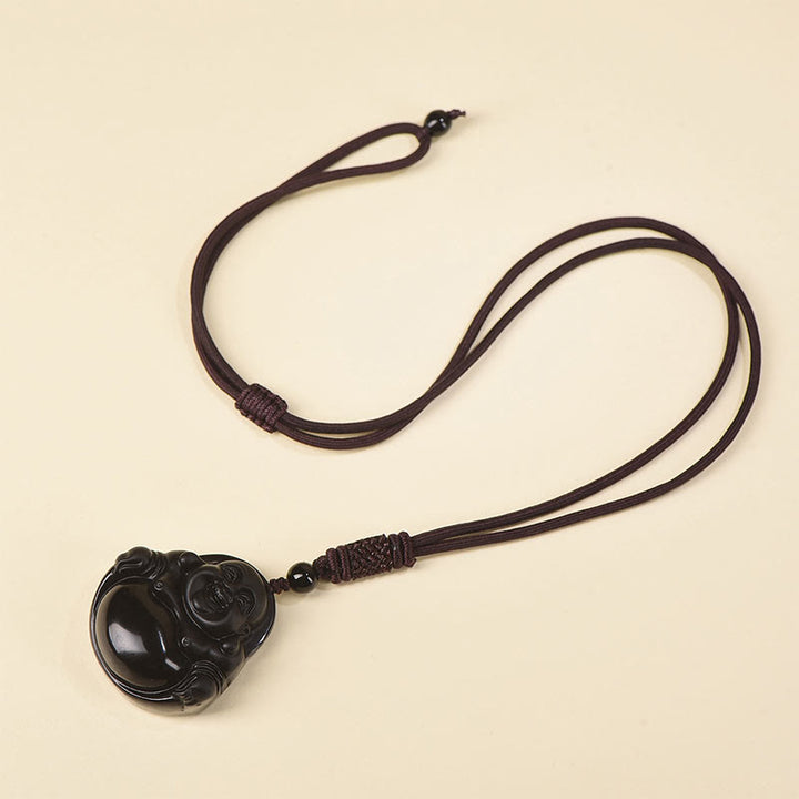 Buddha Stones天然黒曜石 氷の黒曜石 笑う仏 浄化のネックレスペンダント