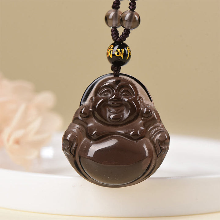 Buddha Stones天然黒曜石 氷の黒曜石 笑う仏 浄化のネックレスペンダント
