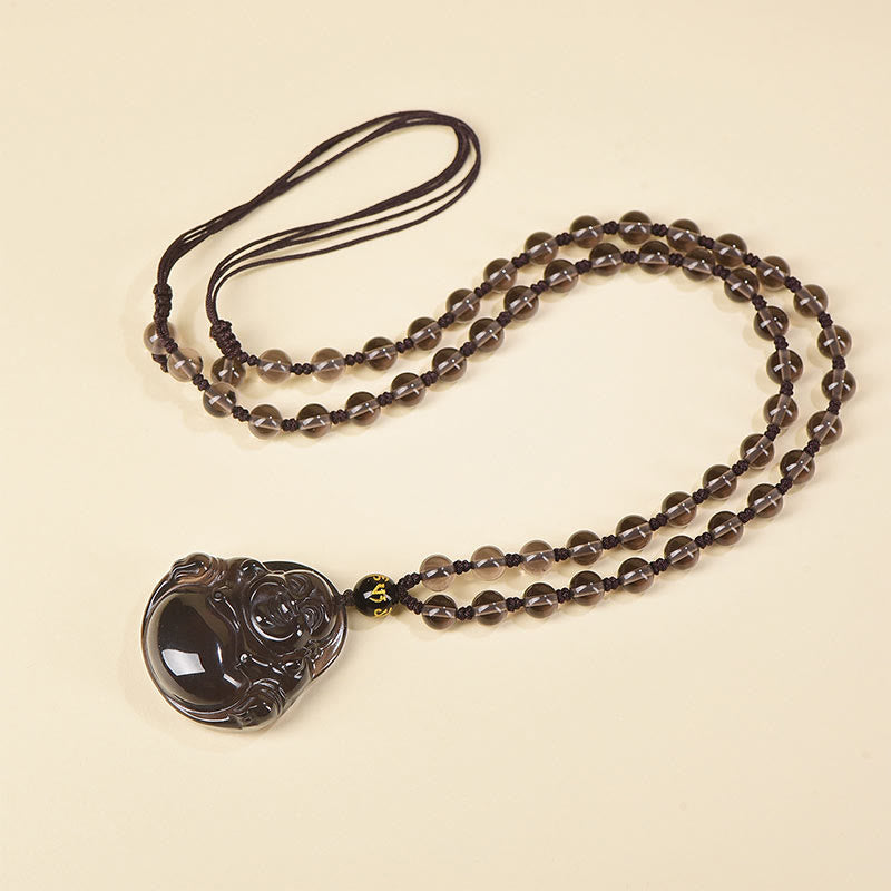 Buddha Stones天然黒曜石 氷の黒曜石 笑う仏 浄化のネックレスペンダント