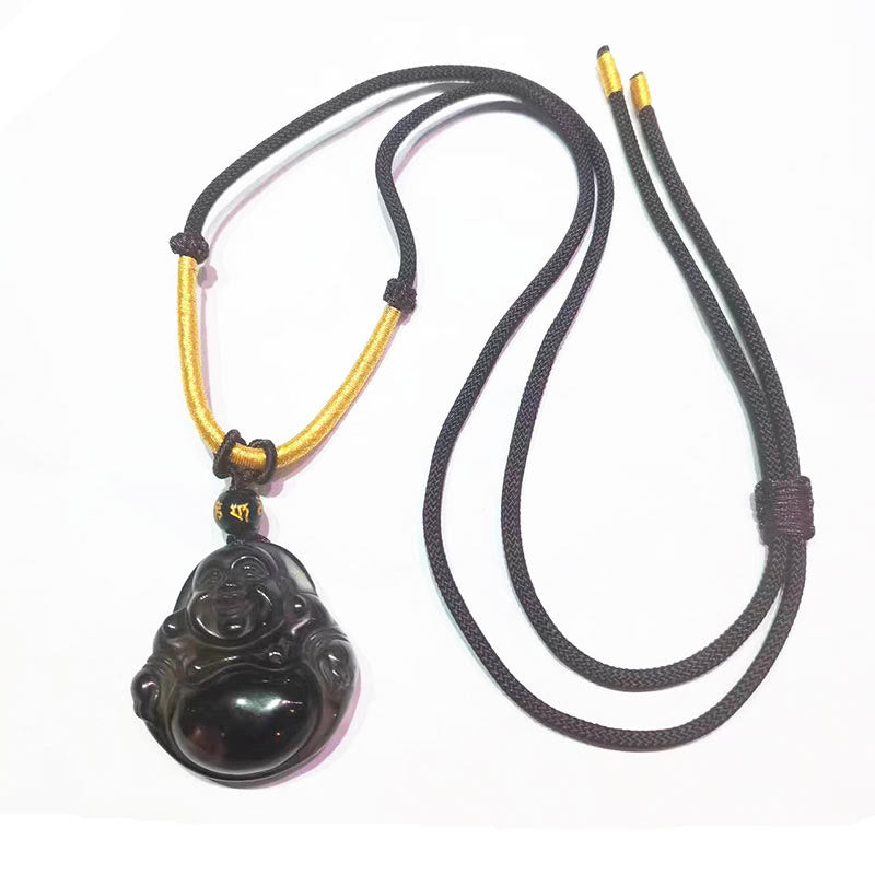 Buddha Stones天然黒曜石 氷の黒曜石 笑う仏 浄化のネックレスペンダント