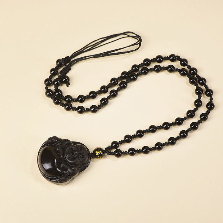 Buddha Stones天然黒曜石 氷の黒曜石 笑う仏 浄化のネックレスペンダント