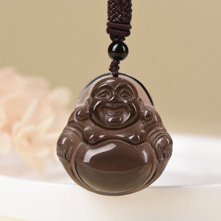 Buddha Stones天然黒曜石 氷の黒曜石 笑う仏 浄化のネックレスペンダント