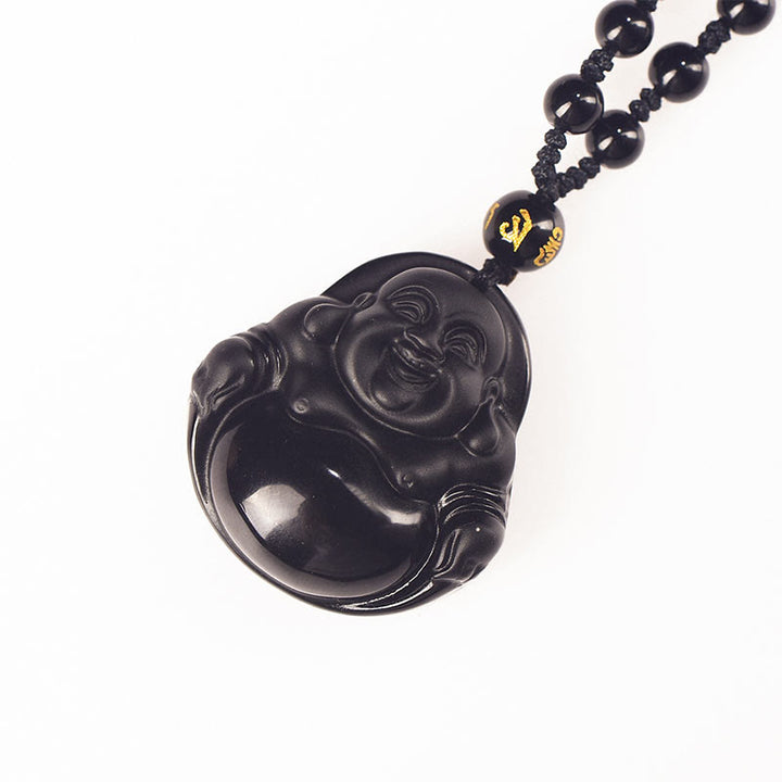 Buddha Stones天然黒曜石 氷の黒曜石 笑う仏 浄化のネックレスペンダント