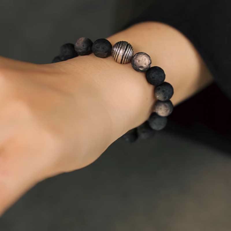 Buddha Stones天然銀光沢黒曜石 月隕石 守護ブレスレット