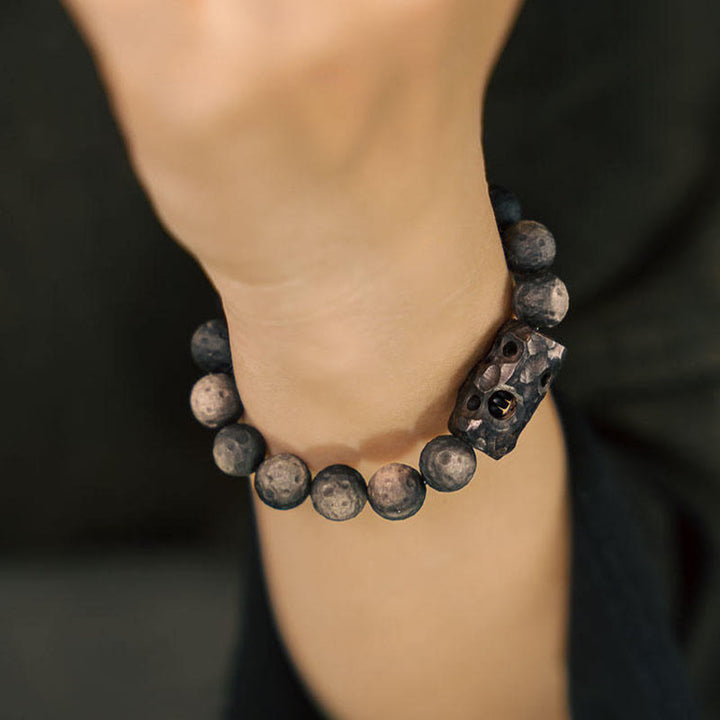 Buddha Stonesシルバーシーンオブシディアンエボニーウッドスージングブレスレット