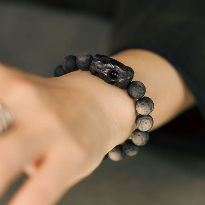 Buddha Stonesシルバーシーンオブシディアンエボニーウッドスージングブレスレット