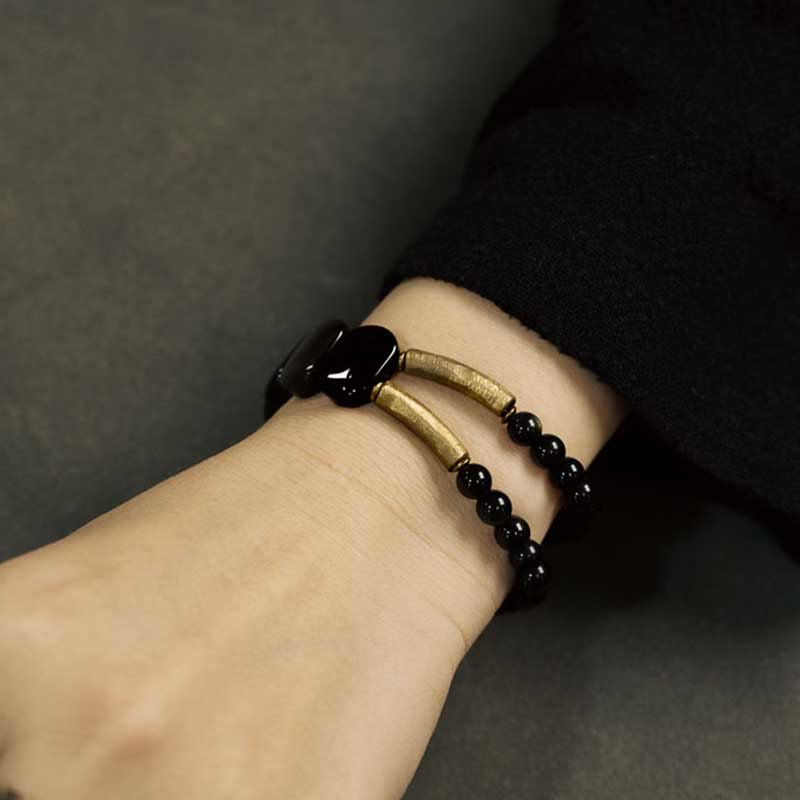Buddha Stones黒曜石 金色光沢 黒曜石 強化ブレスレット
