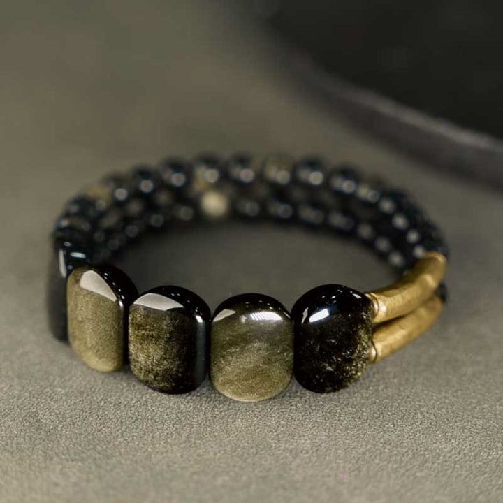Buddha Stones黒曜石 金色光沢 黒曜石 強化ブレスレット