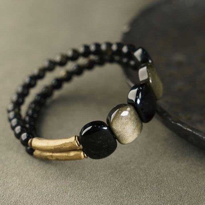 Buddha Stones黒曜石 金色光沢 黒曜石 強化ブレスレット