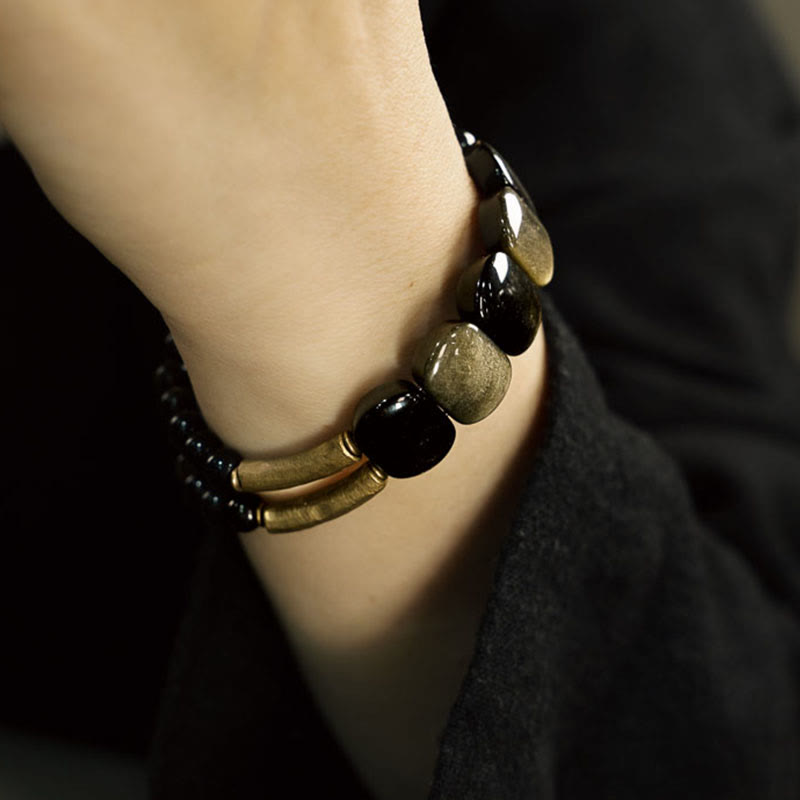 Buddha Stones黒曜石 金色光沢 黒曜石 強化ブレスレット