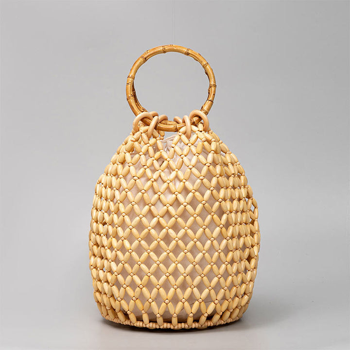 Buddha Stonesの手編み木製ビーズ竹ハンドルショルダーバッグハンドバッグ