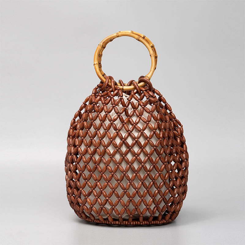 Buddha Stonesの手編み木製ビーズ竹ハンドルショルダーバッグハンドバッグ