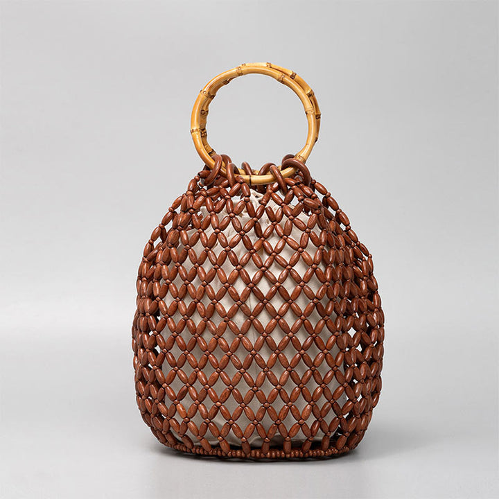 Buddha Stonesの手編み木製ビーズ竹ハンドルショルダーバッグハンドバッグ