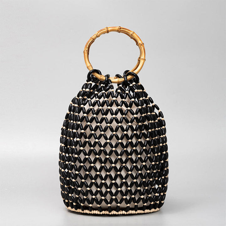 Buddha Stonesの手編み木製ビーズ竹ハンドルショルダーバッグハンドバッグ