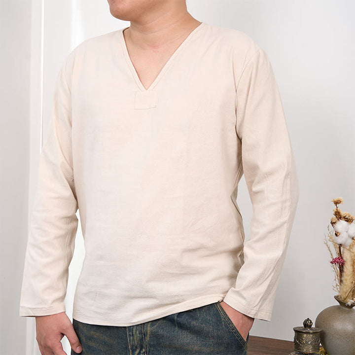 Buddha Stones無地 Vネック 長袖 コットンリネン メンズ Tシャツ