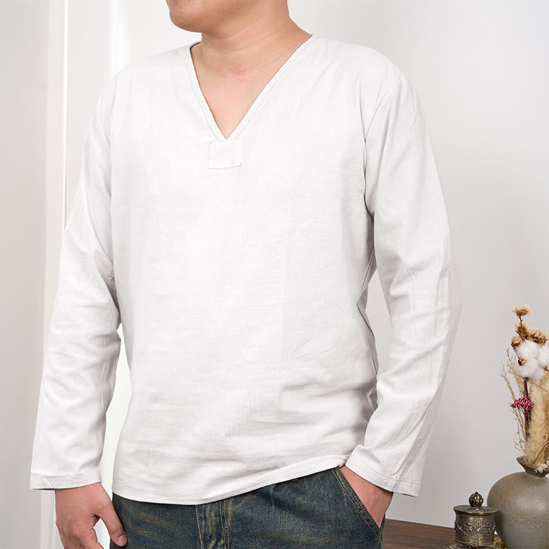 Buddha Stones無地 Vネック 長袖 コットンリネン メンズ Tシャツ - 白 - US/UK/AU46、 EU56 (3XL) - image 1