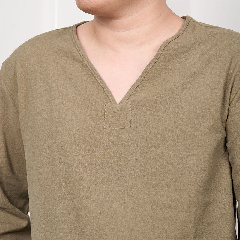 Buddha Stones無地 Vネック 長袖 コットンリネン メンズ Tシャツ - image 4