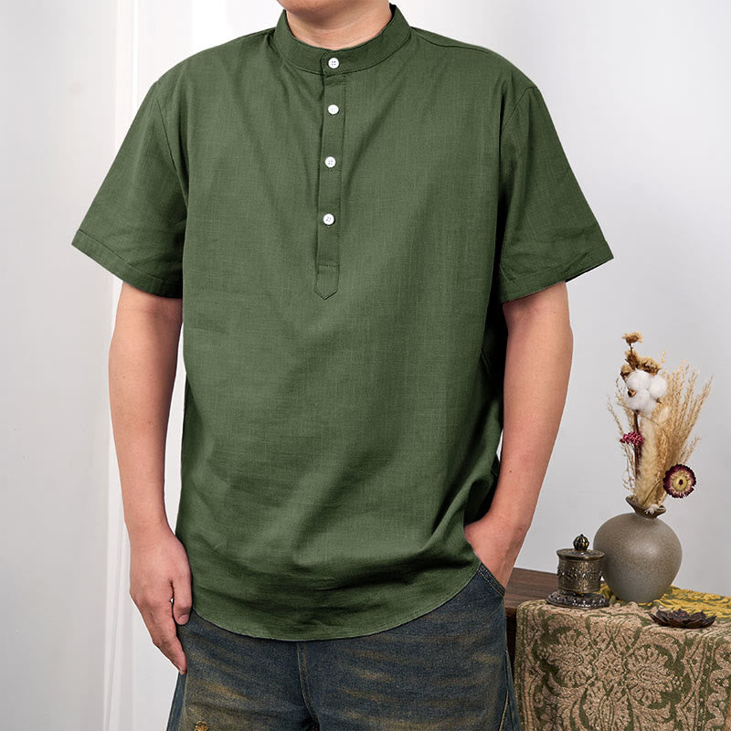 Buddha Stonesメンズ 無地 半袖 ハーフボタン コットンリネン シャツ