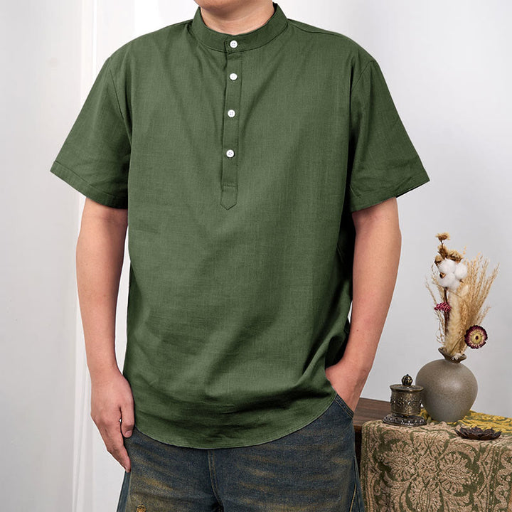 Buddha Stonesメンズ 無地 半袖 ハーフボタン コットンリネン シャツ